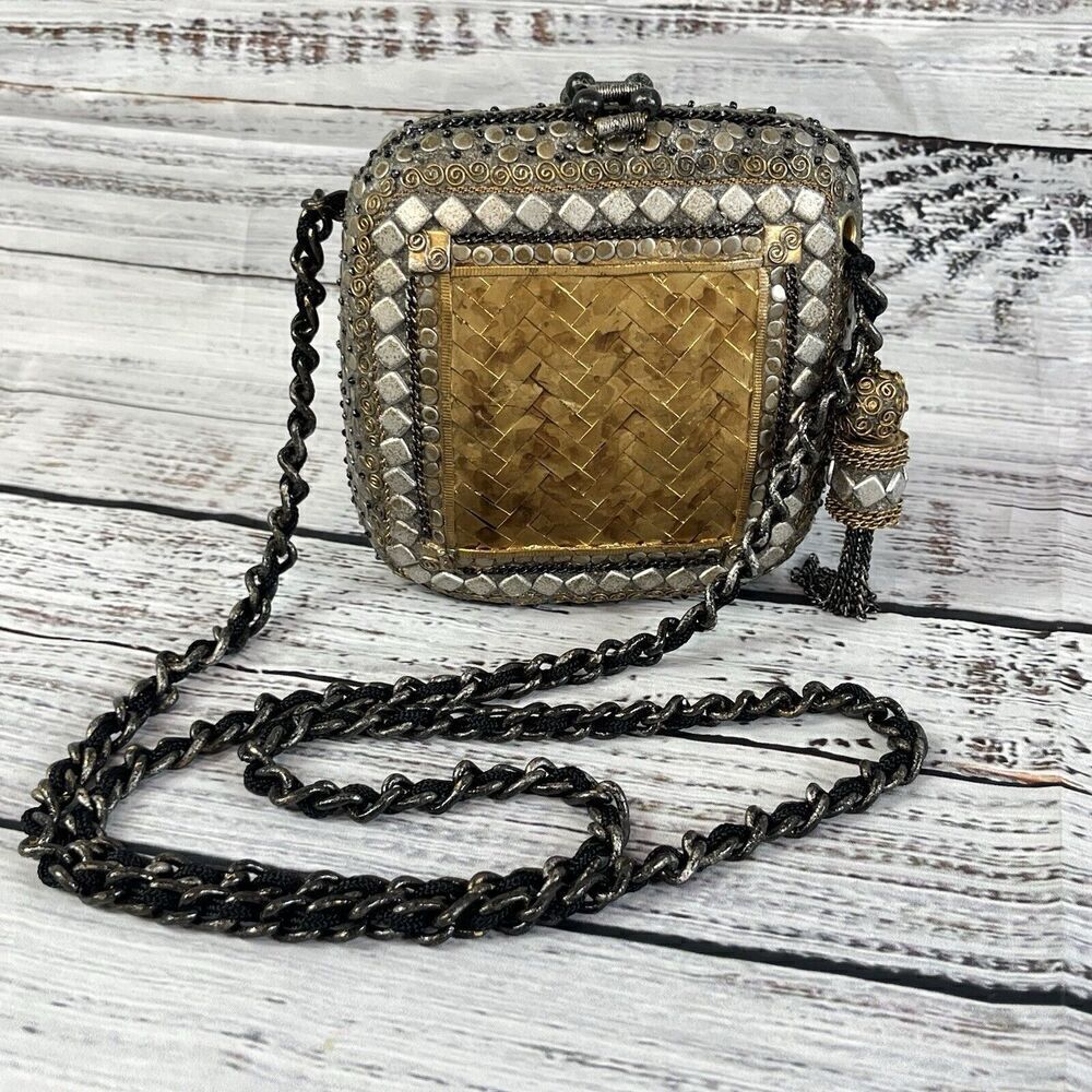 Vintage Metallic Gold Magnetic Snap Crossbody Purse Handbag Bag Wedding Evening - Picture 3 of 16